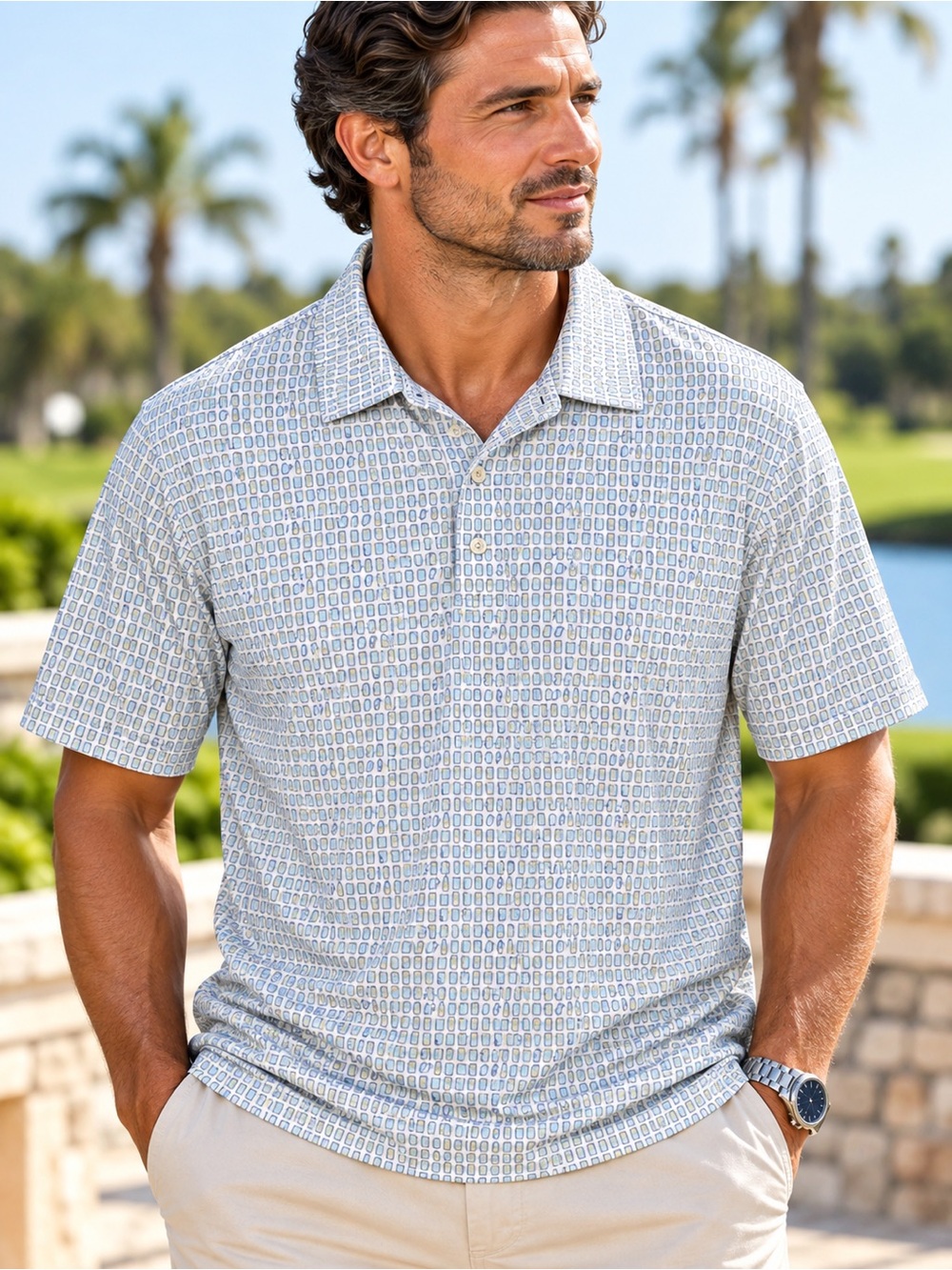 Peter Millar Summer Comfort Geometric Print Golf Polo Men's L Blue #783
